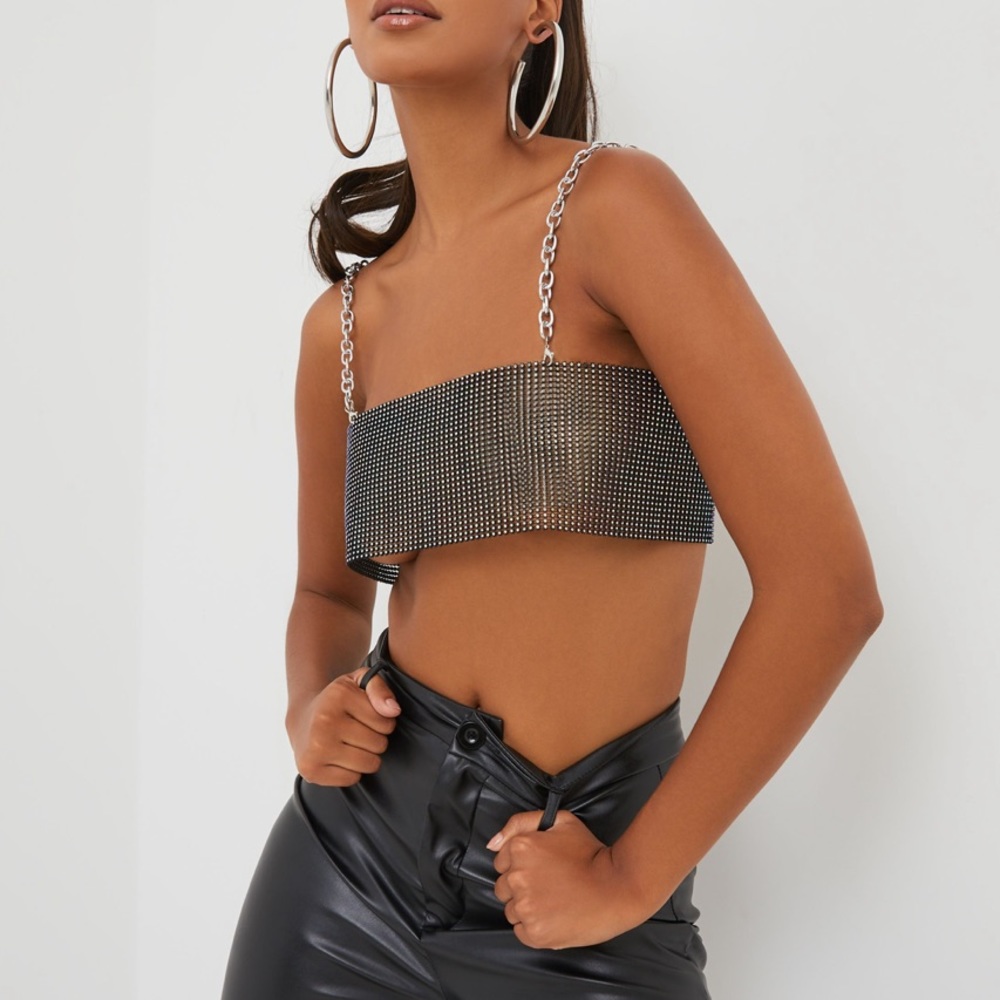 Chain strap square neck bralette in black iridescent diamante